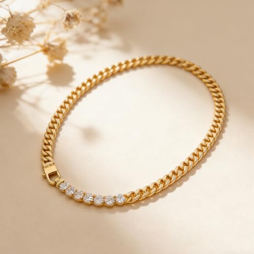 Roe Dolph Tennis Necklace for Women, Gold Choker Chain Necklace with Chunky Cuban Link and Stone-Look Tennis Chain, Fashion Necklace for Women