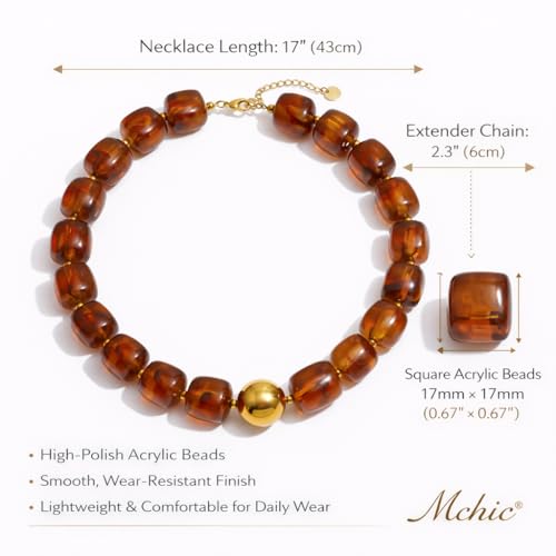 Mchic Colorful Beaded Choker Necklace for Women: Boho Large Square Acrylic Beaded Necklace Stainless Steel Adjustable Surfer Beach Strand Necklaces Summer Handmade Jewelry Gift for Women - color: Amber
