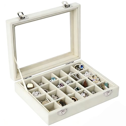 Velvet Jewelry Box 24 Grid Jewelry Earrings Display Organiser Box Ring Tray Holder Earrings Storage Case for Girls Women Wife Mom (Beige) - color: Beige
