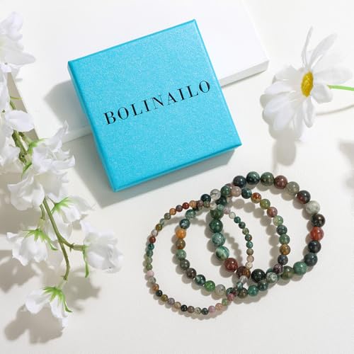 3Pcs Natural Healing Crystal Bracelets for Women Men, 4mm 6mm 8mm Beaded Stretch Bracelet Set, Black Tourmaline Natural Stone Gemstone Jewelry Gifts for Meditation, Reiki & Yoga - color: Indian Agate