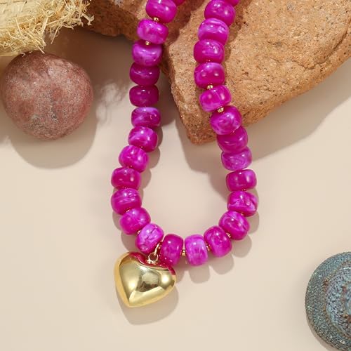 Chunky Heart Necklace for Women, Colorful Acrylic Beaded Statement Puff Heart Necklace, Cute Boho Y2K Choker Necklace for Gift Jewelry - color: Rose
