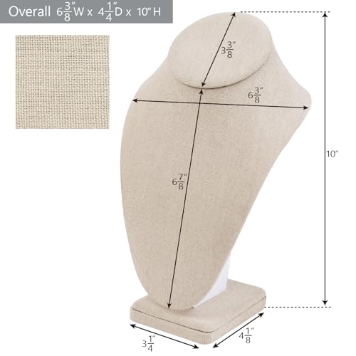 MOOCA Linen Covered Wood Jewelry Display Necklace Chain Jewelry Bust Display Holder Stand, Necklaces Bust Mannequin, 6 3/8 W x 4 1/4 D x 10 H in, Tan Linen - color: 9) Tan Linen, 1 piece