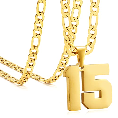 Personalized Jersey Number Necklaces for Mens,Athletes Stainless Steel Sport Number Pendant Chain for Mens Baseball/Basketball/Football Team Inspiration Jewelry with Gifts - color: Gold, style: 15 Gold