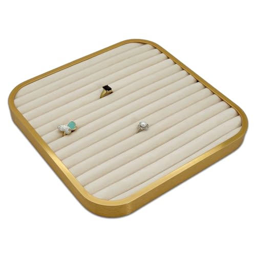 TheDisplayGuys - Aluminum Jewelry Organizer Display Tray - Faux Suede Insert - 14 Ring Holder Rows - Gold/Beige - color: Beige Suede, size: Jewelry Rows - 14, style: Aluminum - Gold