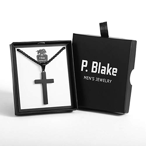 P. BLAKE Stainless Steel Cross Pendant Necklace for Men Boys, Christian Cross Pendant with 16-24 Inches Chain Cross Necklace Jewelry Gifts - size: 24 inches, style: Black Pendant 1.7*0.9