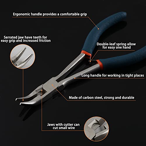 SPEEDWOX Long Reach Bent Nose Pliers with Serrated Jaws Angled Long Nose Plier Angled Pliers with Cutter Long Reach Plier for Hard to Reach Narrow Spaces Home Repairing Jewerly Making - style: Bent Nose Pliers with serrated jaws