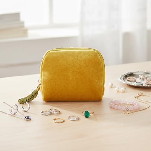 Small Jewelry Travel Case with Tassel Zipper Portable Soft Velvet Organizer Pouch for Bangle, Bracelets Anti-Scratch & Portable Jewelry Bag Holder for Travel (Grass Yellow)
