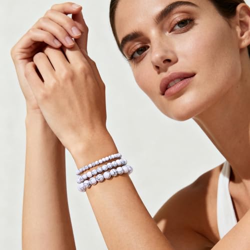 3Pcs Natural Healing Crystal Bracelets for Women Men, 4mm 6mm 8mm Beaded Stretch Bracelet Set, Black Tourmaline Natural Stone Gemstone Jewelry Gifts for Meditation, Reiki & Yoga - color: Howlite