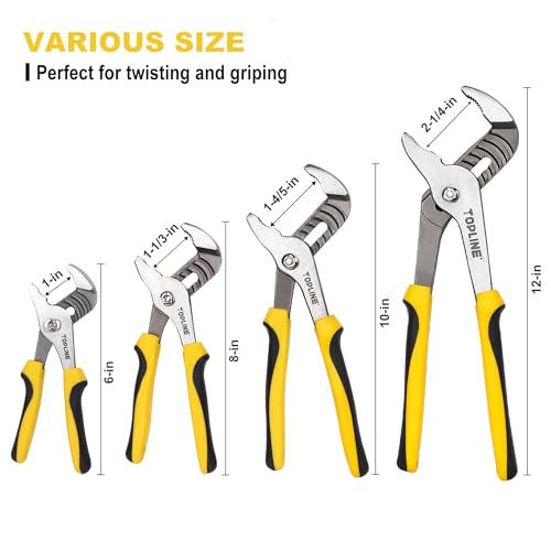 TOPLINE 4-piece Groove Joint Pliers Set with Bi-Material Handles, Tongue and Groove Pliers Set Included 12-in, 10-in, 8-in and 6-in, Perfect for Plumbing Repair and Basic Home Maintenance - style: Bi-Material Handle
