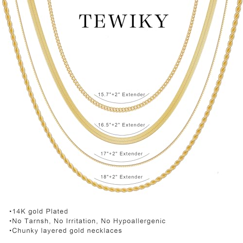 Tewiky Layered Necklaces for Women Non Tarnish- Chunky 14k Gold Plated Herringbone/Snake/Rope/Box/Cuban Link Chain for Women Waterproof Layering Stack Choker Necklace Trendy Dainty Tarnish Free Jewelry Set - color: 4 Layered Necklace Gold