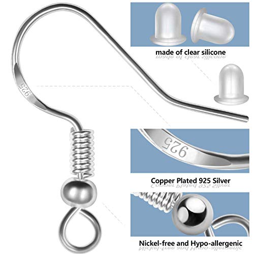 925 Sterling Silver Earring Hooks 150 PCS/75 Pairs,Ear Wires Fish Hooks,500pcs Hypoallergenic Earring Making kit with Jump Rings and Clear Silicone Backs Stoppers (Silver) - color: Silver, size: 500pcs