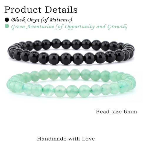 NCB 2.3-Piece 4mm Natural Crystal Gemstone Stretch Bracelets – Handmade Reiki Energy Healing Jewelry for Meditation,Yoga, Unisex - color: 2PCS ( Black Onyx+Green Aventurine ), size: 6mm