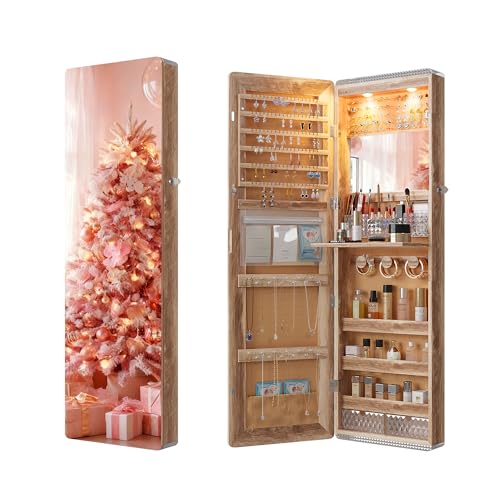 Lvifur 47.2" LED Jewelry Mirror Cabinet,Lockable Wall/Door Mounted Full Length Mirror with Storage, Over the Door Hanging Jewelry Organizer-2 Drawers,Foldable Shelf, Built-in Lighted Mirror (Wood) - color: White-6293A-22