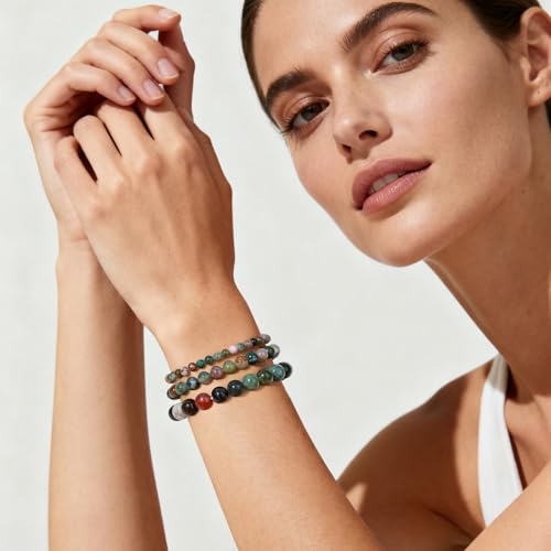 3Pcs Natural Healing Crystal Bracelets for Women Men, 4mm 6mm 8mm Beaded Stretch Bracelet Set, Black Tourmaline Natural Stone Gemstone Jewelry Gifts for Meditation, Reiki & Yoga - color: Indian Agate
