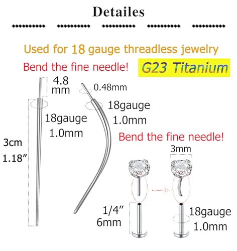 QWALIT Piercing Taper Threadless Insertion Tool - Titanium Labret Pin 16g, 18g, 20g - color: A2 - Titanium 2 Style 18g