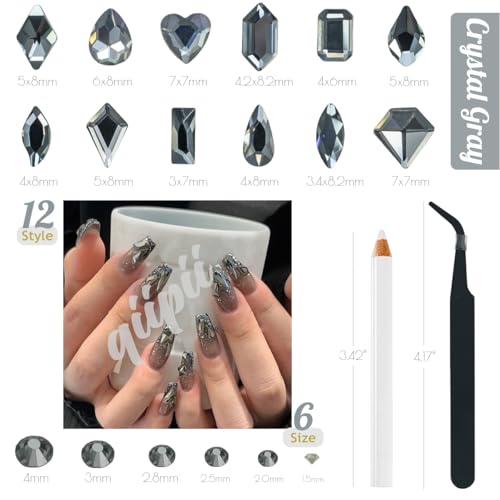 qiipii Black Diamond Nail Rhinestones Multi Shapes Crystals Flatback K9 Glass Dark Gray Stones Gems Round Beads Diamonds Jewels Charms for Nails Face Eyes Makeup Clothes Shoes Crafts Tumblers Bottles - color: Black Diamond, size: A Set