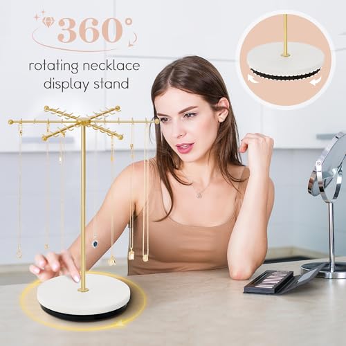 Poyilooo Necklace Holder Jewelry Stand, Rotating Necklace Holder Organizer with 48 Hooks for Necklace Earring Keychains Bracelet Display Stand, Metal Necklace Tree Stand -Women Gifts (Gold) - color: Gold