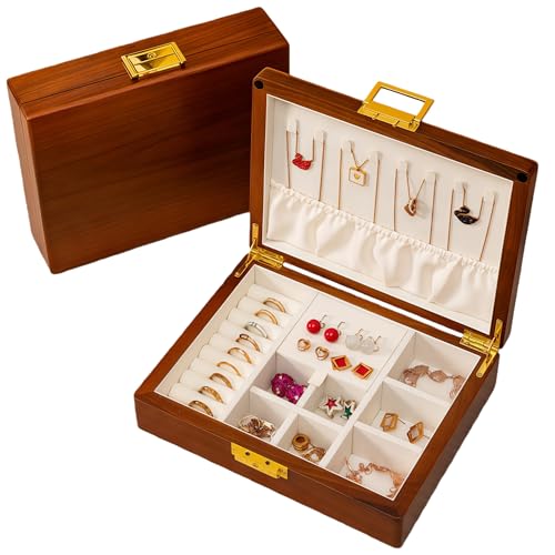 Solid Black Walnut Jewelry Box with Lock and Key Large Capacity Vintage Wooden Organizer for Women and Men Ring Necklace Earring Cufflink Storage Removable Dividers Gift for Christmas - color: Beige Velvet