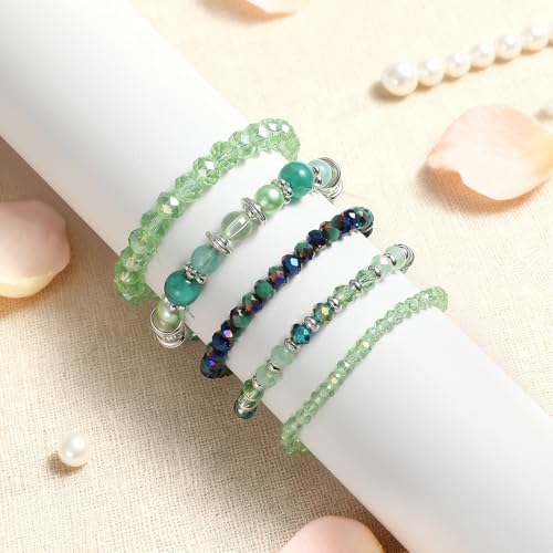 5Pcs Beaded Bracelets for Women, Bohemian Glass Faceted Crystal Beads Bracelet, Stackable Boho Disco Ball Stretch Bracelets, Multilayered Purple Jewelry Gift for Women, Mother's Day - color: Green