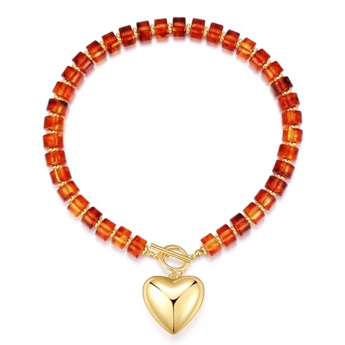 GZQ Chunky Gold Heart Necklace for Women, Resin Beaded Chain with Puff Heart Adjustable Clasp, Perfect for Daily Wear Party Date Streetwear Outfits Fashion Jewelry Gift - color: Amber