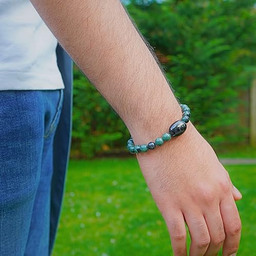 Black Obisidian Bracelets for Men 8" Inch Full Stretch Healing Crystal Bracelet, Beaded Charm Bracelet for Men Gifts Fathers Day Anniversary Birthday Gifts for Him - color: Jasper & Black Onyx Charm Bracelets