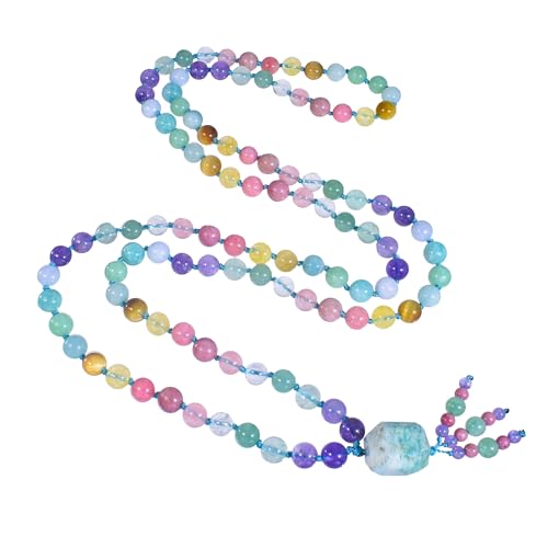 108 Mala Beads Genuine Semi-Precious Gemstone Hand Knotted 8MM Prayer Beads Long Multicolor Necklace 40 Inches - style: dreamy