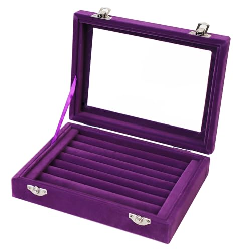 Jewelry Box Rings Organizer Tray 7 Slots Velvet Jewelry Earring Storage Box With Transparent Lid Jewelry Display Case for Girls Women (Purple) - color: Purple