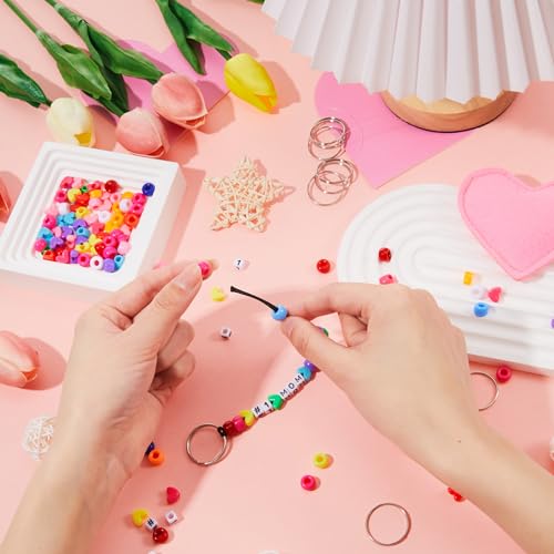 Taiyin 361 Pcs/24 Sets Mother's Day Bead Key Chain Craft Kit Teach Seed Beads Mom Pony Opaque Bead for Jewelry Making Bag Charms Bracelets DIY String Star Shape Beads Mothers Day Party Favor for Women - color: As Shown in the Picture