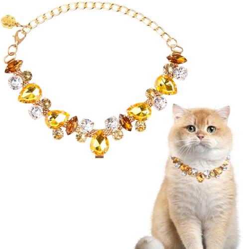 HOWWFALY Dog Collar and Cat Collar Gold Chain Necklace Stainless Steel Adjustable Yellow Diamonds Collar with Cute Pet Paw for Small Medium Pets Cats Dogs Kitten Puppy - color: Yellow, size: Large