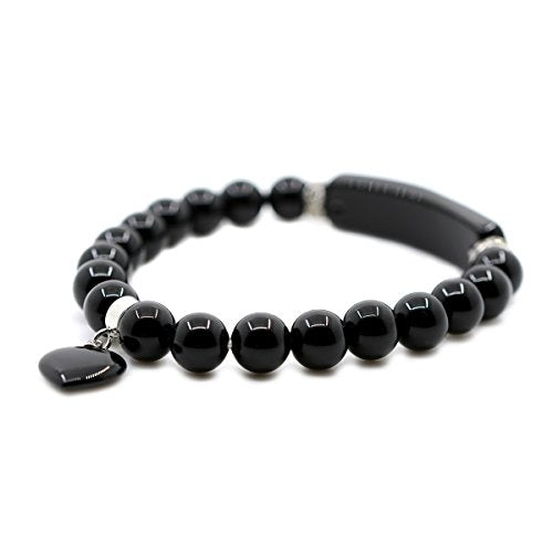 Justinstones Gem Semi Precious Gemstone Love Heart Charm Stretch Beaded Bracelet Unisex - color: Black Agate