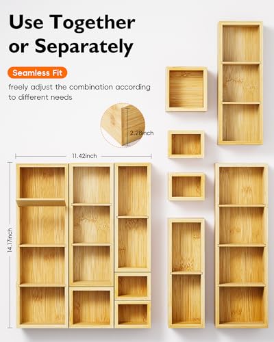 6PCS Desk Drawer Organizer Tray with 12 Compartments – Bamboo Office Storage Boxes Set for Junk Drawer Supplies, Utensils, Cosmetics, Jewelry and More - size: 12 Compartments