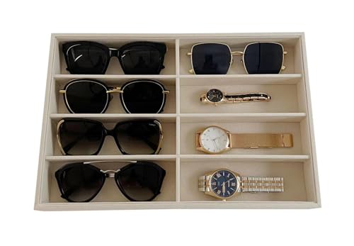 Velvet Sunglasses Organizer Tray 8 Slot, Stackable Eyewear Display Case for Sunglasses, Glasses & Watches, Premium Beige Velvet, Removable Dividers, Drawer Insert, Home Retail Trade Show - color: Glasses Tray