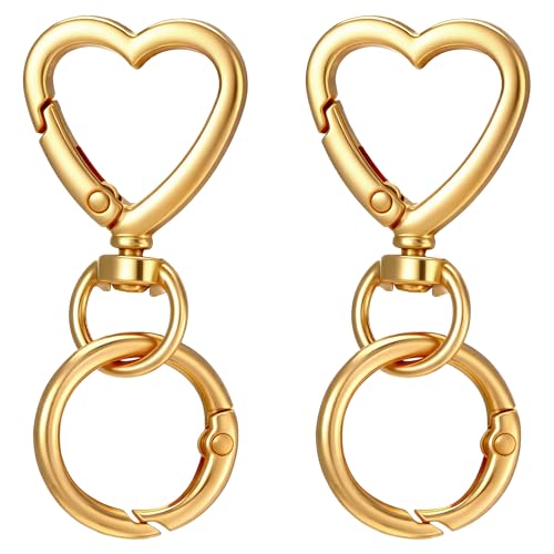 2 Pcs Double Opening Keychain Clip, Heart Spring Snap Hooks Zinc Alloy Swivel Lobster Clasp with Key Ring Spring Snap Hook Purse Clip for Jewelry Lanyard DIY Crafts Purse Making Camping Travel (Gold)
