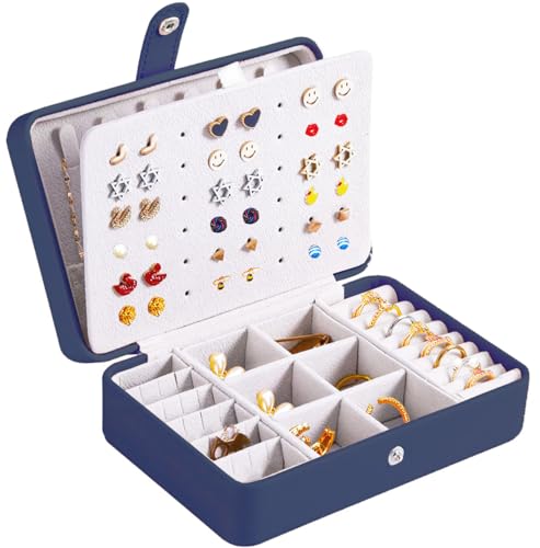 QBestry All-in-One Travel Jewelry Organizer for Women Navy | Small Jewelry Box with 68 Earring Holes | Compact Portable Jewelry Case for Earrings, Rings, Necklaces | Perfect Gifts for Mom Wife Girls - color: Navy