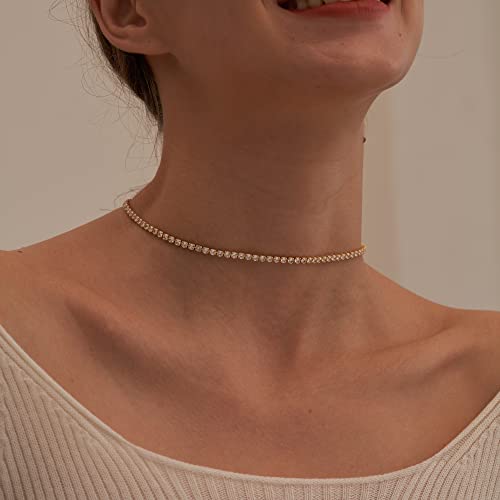 Tewiky Layered Necklaces for Women Non Tarnish- Chunky 14k Gold Plated Herringbone/Snake/Rope/Box/Cuban Link Chain for Women Waterproof Layering Stack Choker Necklace Trendy Dainty Tarnish Free Jewelry Set - color: Tennis Necklace Gold