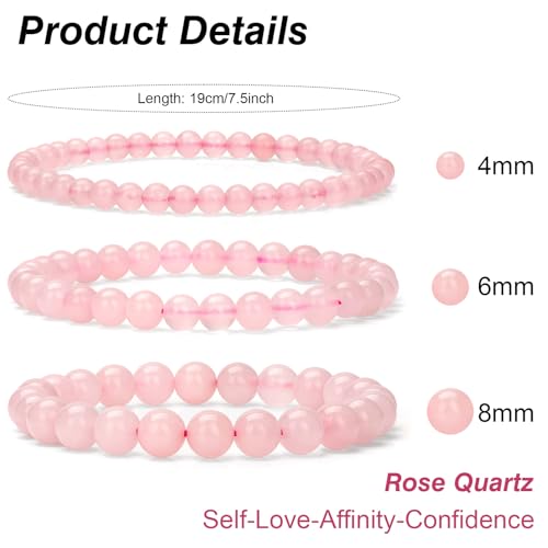 3Pcs Natural Healing Crystal Bracelets for Women Men, 4mm 6mm 8mm Beaded Stretch Bracelet Set, Black Tourmaline Natural Stone Gemstone Jewelry Gifts for Meditation, Reiki & Yoga - color: Rose Quartz