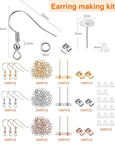 Tondiamo 2400 Pcs Earring Making Kit, Include Bright Gold, Silver and Gold Ear Hooks, 300 Earrings Cards Anti Sensitive Earring Making Tool with Jump Rings and OPP Bags for Repair(Brown Cards) - color: Brown Cards