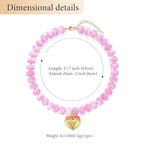 Chunky Heart Necklace for Women, Colorful Acrylic Beaded Statement Puff Heart Necklace, Cute Boho Y2K Choker Necklace for Gift Jewelry - color: Pink