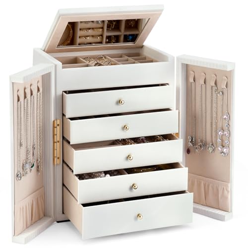 Dajasan Large Jewelry Organizer Box, 6-Tier Jewelry Storage Case with 5 Drawers, Jewelry Boxes for Women Girls with Mirror, Double Door, Textured PU Leather, Gift Idea, Stylish (White + Gold) - color: White