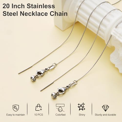 Crisjanggo 10 Pack Silver Necklace Chain for Jewelry Making Stainless Steel Thin Link Chains Bulk Adjustable with Needle Threader Lobster Clasps - color: Silver