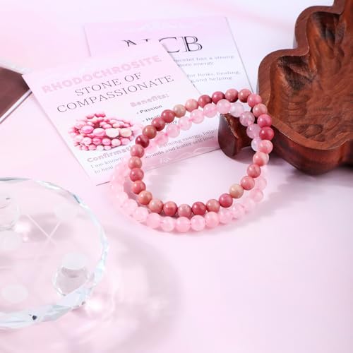 NCB 2.3-Piece 4mm Natural Crystal Gemstone Stretch Bracelets – Handmade Reiki Energy Healing Jewelry for Meditation,Yoga, Unisex - color: 2PCS ( Pink Quartz+Rhodochrosite ), size: 6mm