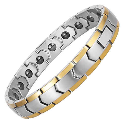 Magnetic Hematite Bracelets for Men Women 316L Stainless Steel Power Balance Energy Magnets Stones Bracelet Jewelry Gift with Adjustment Tool - color: Silver & Gold