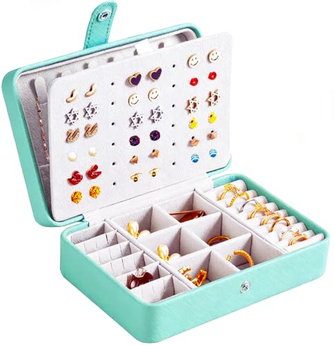 QBestry All-in-One Travel Jewelry Organizer for Women Teal | Small Jewelry Box with 68 Earring Holes | Compact Portable Jewelry Case for Earrings, Rings, Necklaces | Perfect Gifts for Mom Wife Girls - color: Teal