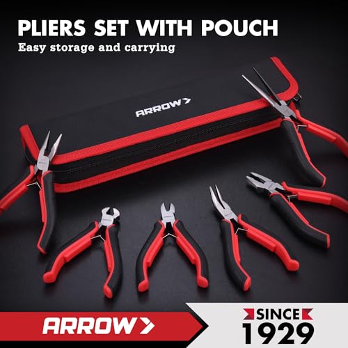 ARROW Mini Pliers Set, 6-Piece Precision Jewelry & Craft Kit – Includes Needle, Diagonal, Long, Bent, End Cutting & Lineman Pliers for Electronics, Crafts & DIY, with Pouch