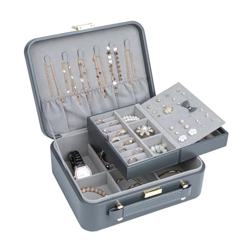Travel Jewelry Case Large, Jewelry Box Large Jewelry Travel Organizer Jewelry Case with Handle, Best Gift for women Girls, Grey - color: Modern Grey