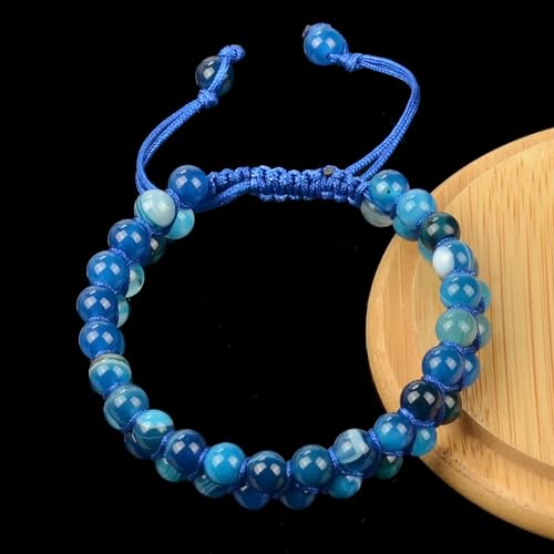 MASSIVE BEADS Double Layer Natural Chakra Healing Power Crystals Macrame Bracelet Yoga Stone Beads Gemstone Meditation Relax Anxiety Bangle for Unisex Women Men - color: Blue Stripe Agate, size: 4mm