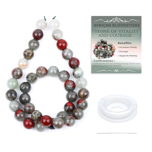 Natural Stone Beads Round Genuine Real Stone Beading Strand Loose Gemstones DIY Smooth Bead for Bracelet Necklace Earrings Jewelry Making (African Bloodstone, 10mm 36 Pieces) - color: African Bloodstone, size: 10mm 36pcs