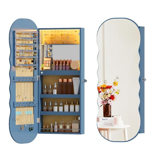 Lvifur Hanging Jewelry Armoires with LED Lights,Blue Jewelry Storage Cabinet Lockable Wavy Mirror Jewelry Organizer, Lockable Frameless Mirror with Storage, LED Jewelry Cabinet Wall/Door Mounted - color: Blue