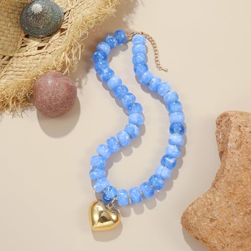 Chunky Heart Necklace for Women, Colorful Acrylic Beaded Statement Puff Heart Necklace, Cute Boho Y2K Choker Necklace for Gift Jewelry - color: Blue