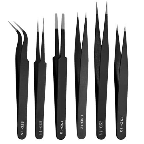 Bonsicoky 6 PCS Precision ESD Tweezers Set - Anti-Static Stainless Steel Tools Kit for Electronics, Jewelry Repair, Soldering, and Crafting Projects - color: 6 Pcs